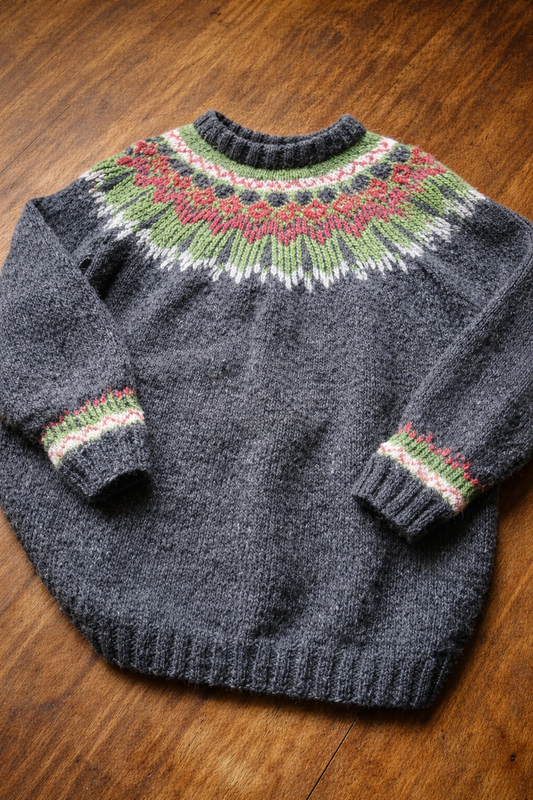 Handgestrickter Islandpullover Hopi aus Léttlopi-Wolle, auf einer Holzoberfläche arrangiert, mit farbigem Rundpassenmuster in Grün und Rot.