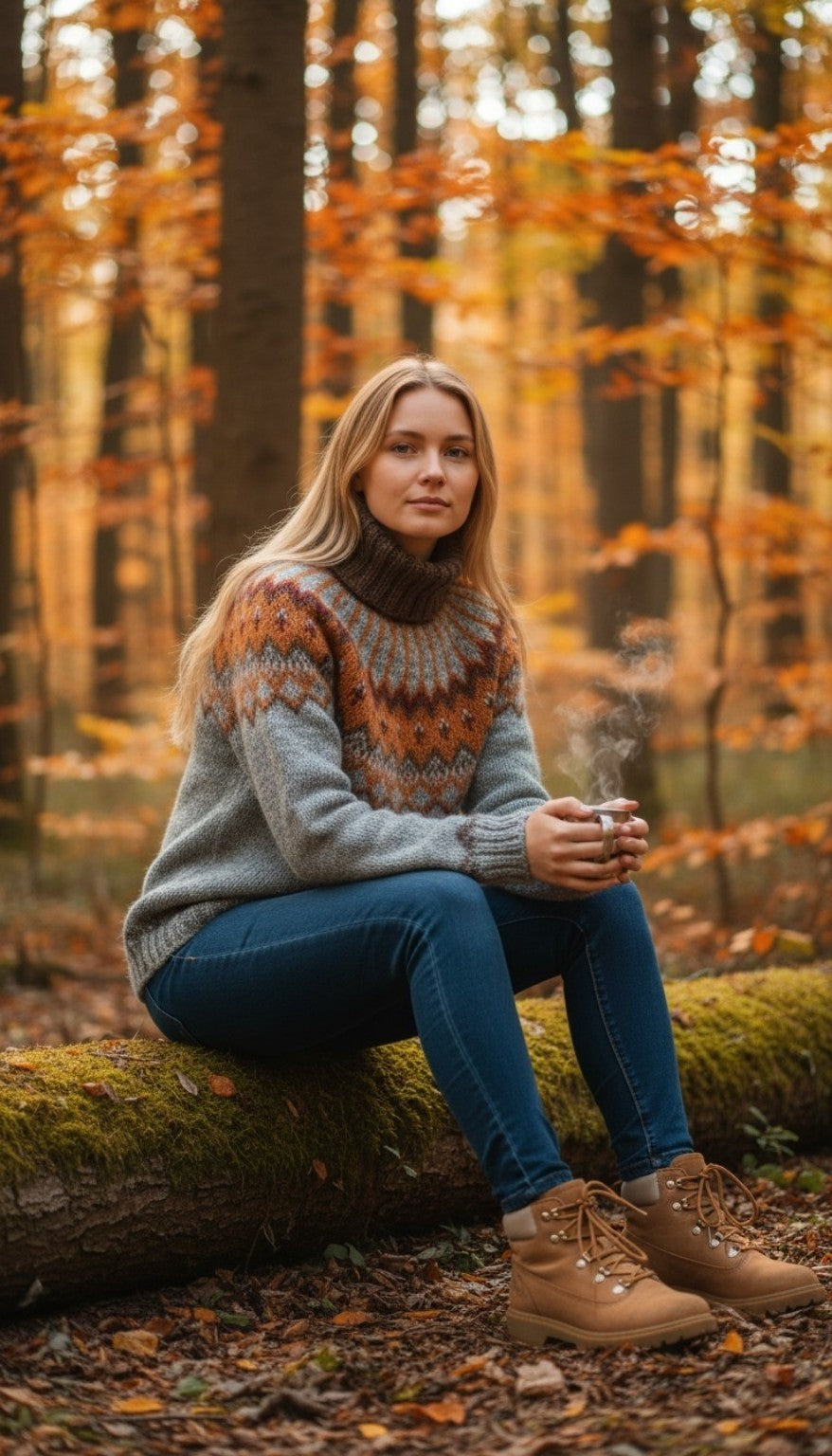 Handgestrickter Alfheidur aus Léttlopi in warmen Autumn-Witch-Farben, getragen im herbstlichen Wald