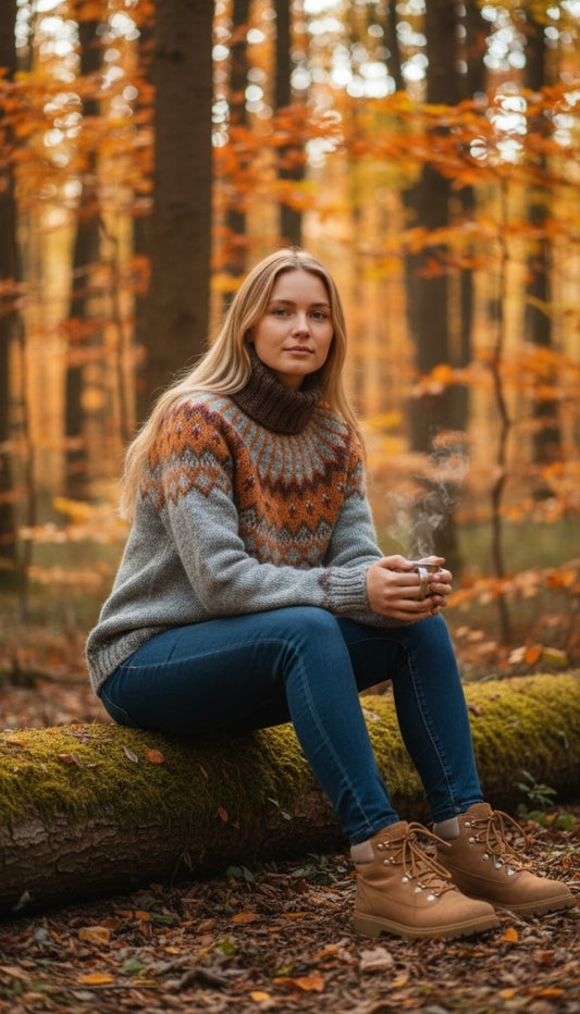 Handgestrickter Alfheidur aus Léttlopi in warmen Autumn-Witch-Farben, getragen im herbstlichen Wald