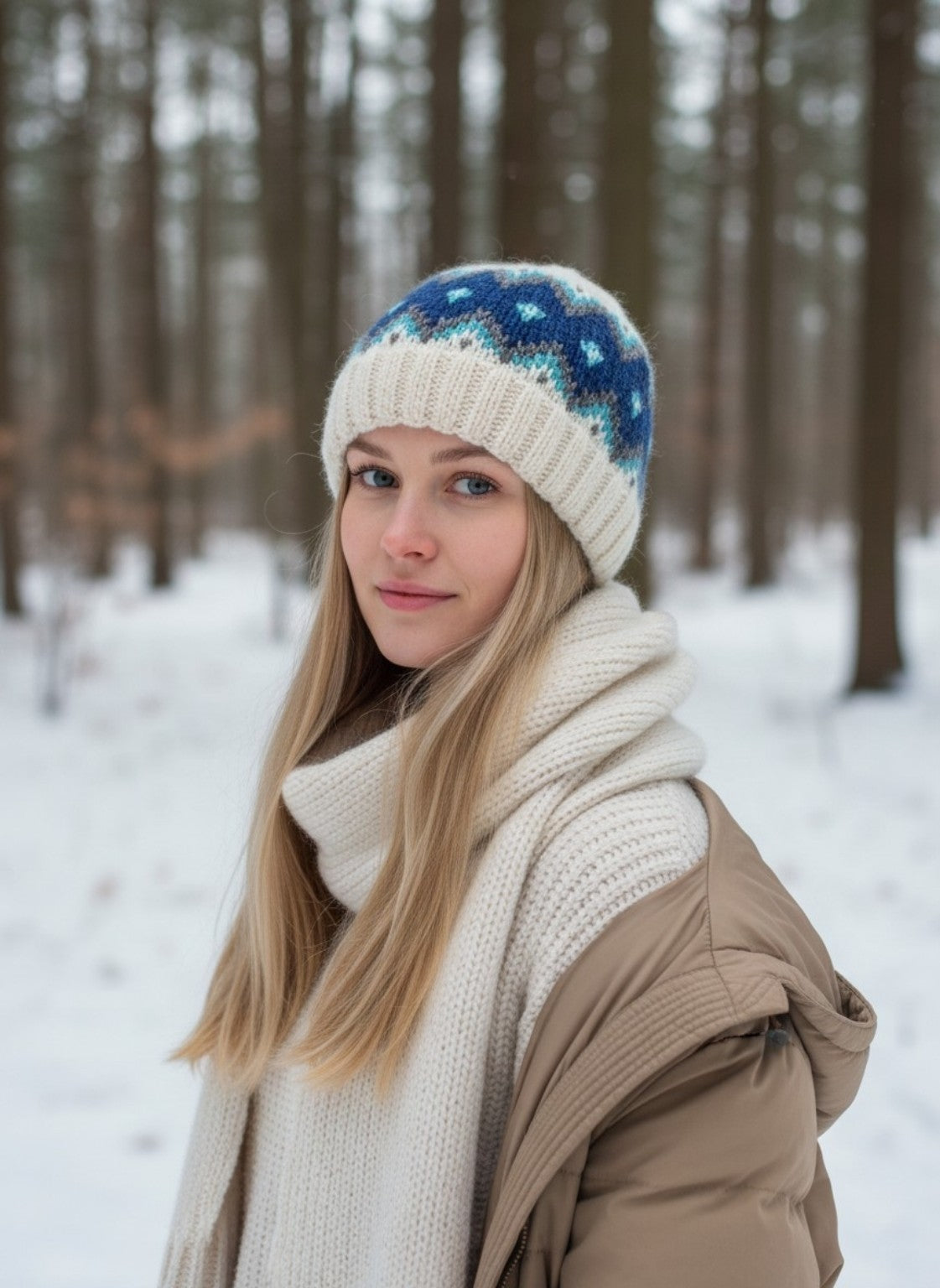 Frau trägt die handgestrickte Islandmütze Alfheidur Nordic Sea aus Léttlopi mit nordischem Jacquardmuster im winterlichen Wald.