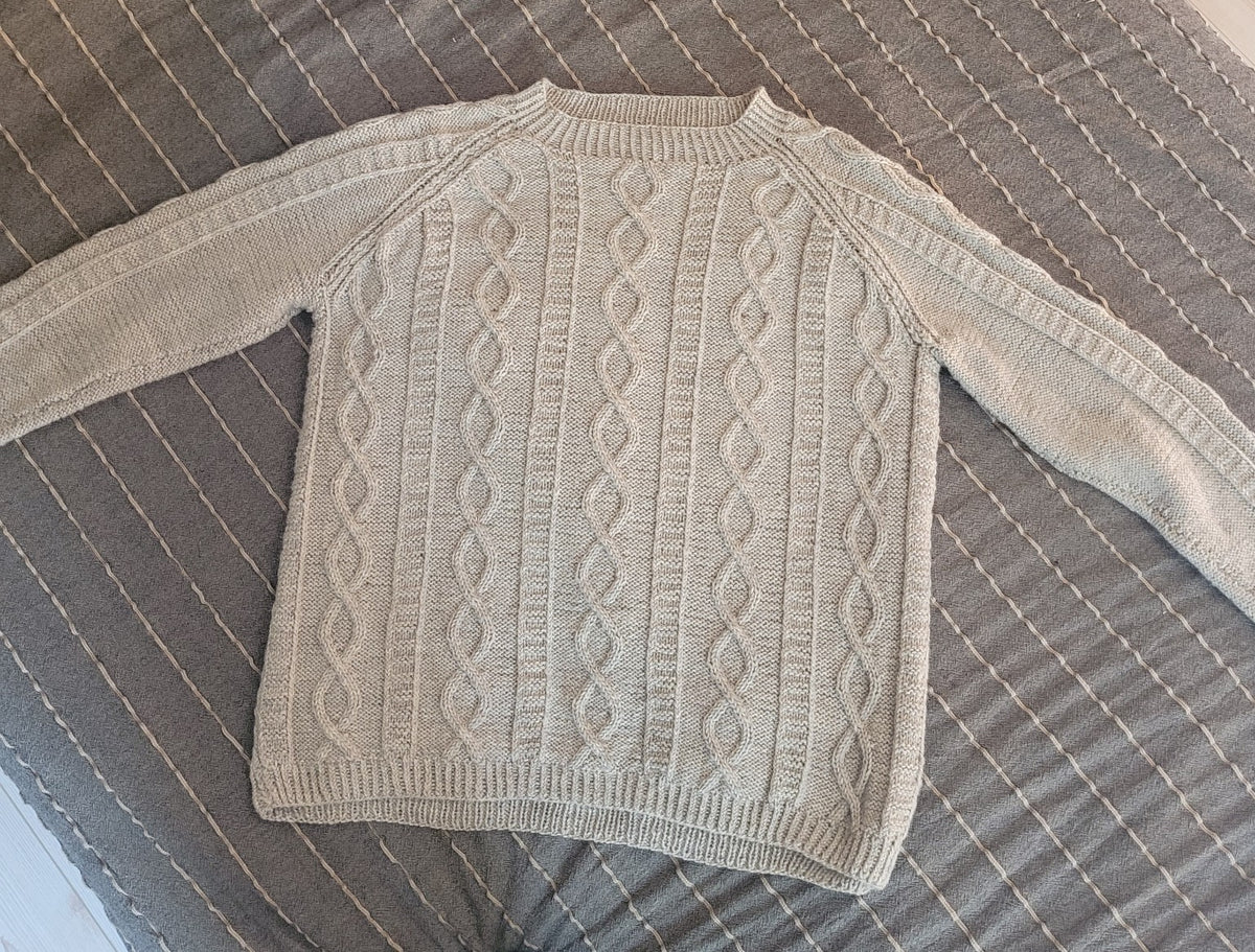  BFL Philipp mit Raglanärmeln und plastischem Kabelmuster, handgestrickter Herrenpullover