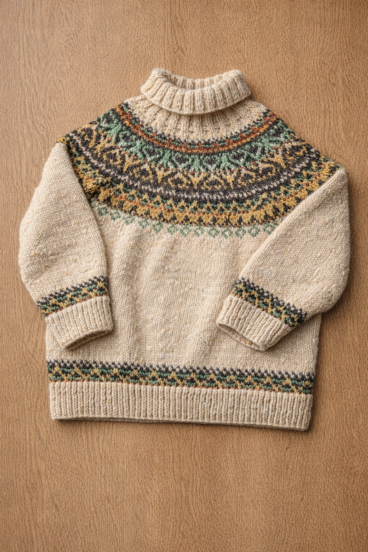 Handgestrickter Islandpullover „Alasuq“ aus naturfarbener Wolle mit mehrfarbigem Rundpasse-Muster in Grün, Braun, Senf und Rost, fotografiert auf heller Holz-Tischplatte.