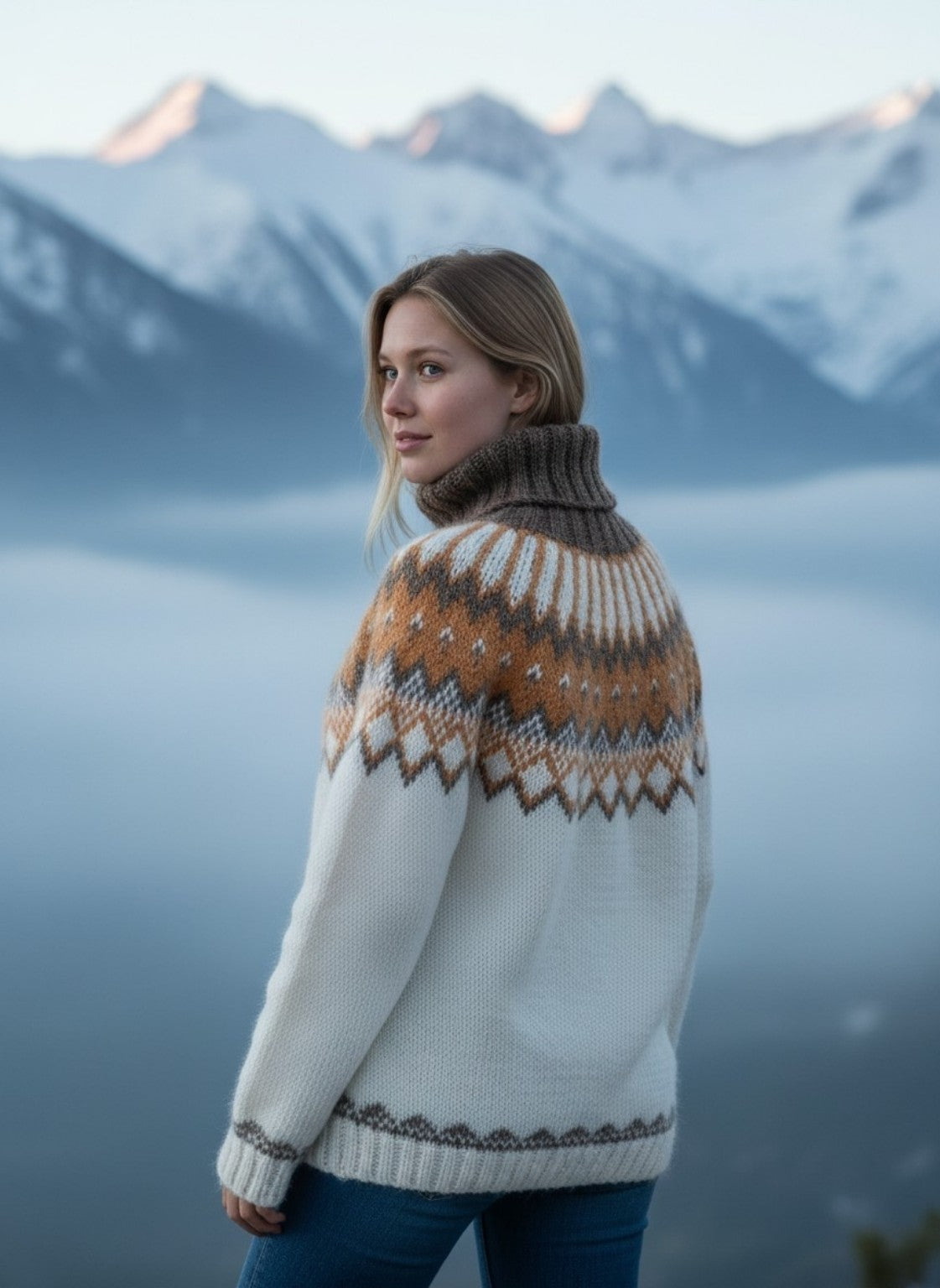 Rückenansicht des handgestrickten Islandpullovers Alfheidur Winter Light mit traditioneller Rundpasse aus Álafosslopi.