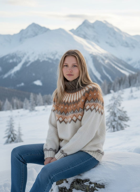 Handgestrickter Islandpullover Alfheidur Winter Light aus Álafosslopi in Naturweiß, Ocker und Taupe vor verschneiter Berglandschaft.