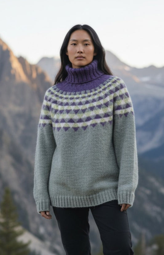 Frau trägt handgestrickten Islandpullover Björk im eigenen Design aus Lettlopi Wolle – warmes, atmungsaktives Unikat mit nordischem Muster