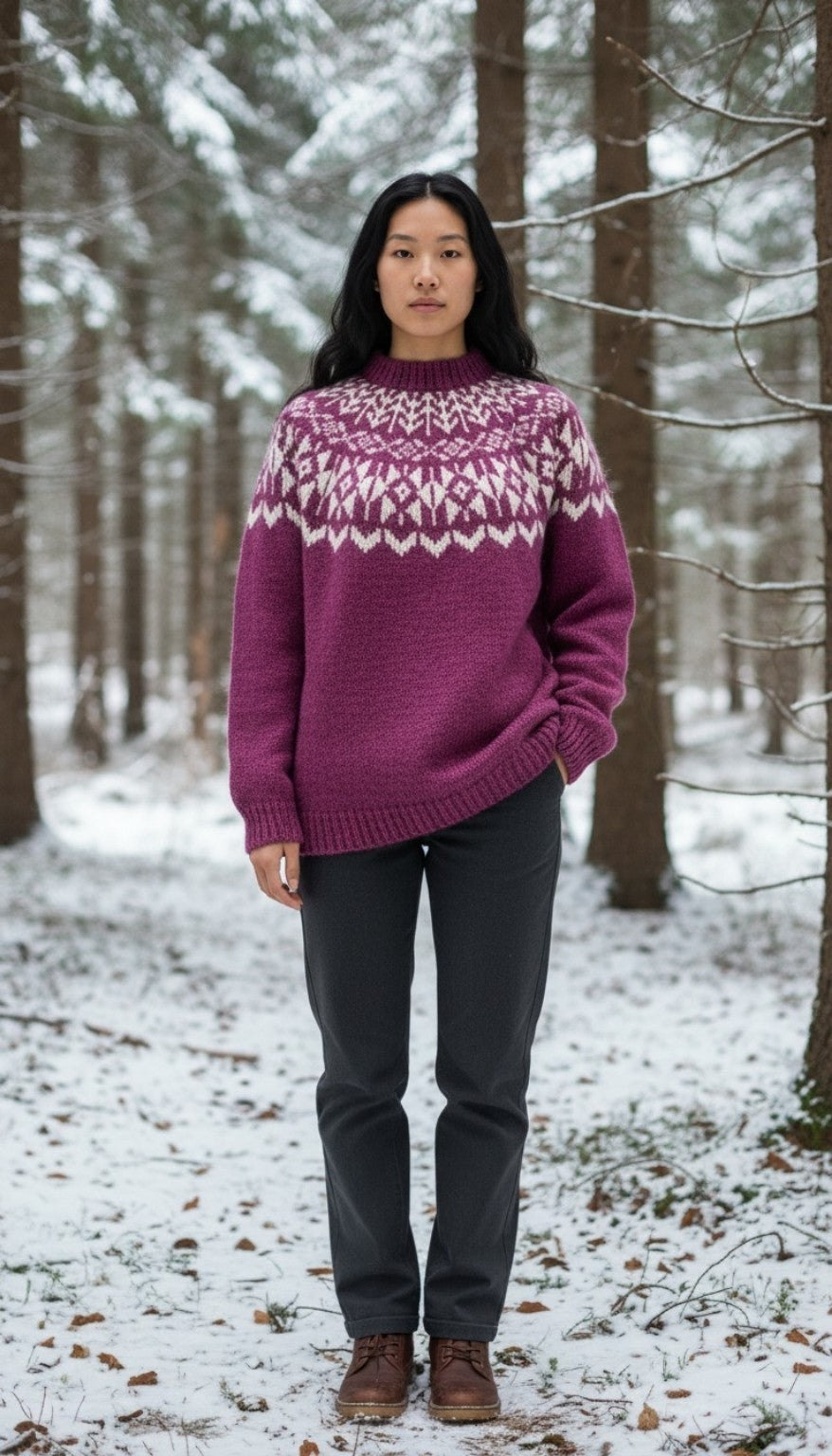 „Handgestrickter Hellargjá Islandpullover aus Léttlopi mit nordischer Rundpasse im verschneiten Wald“