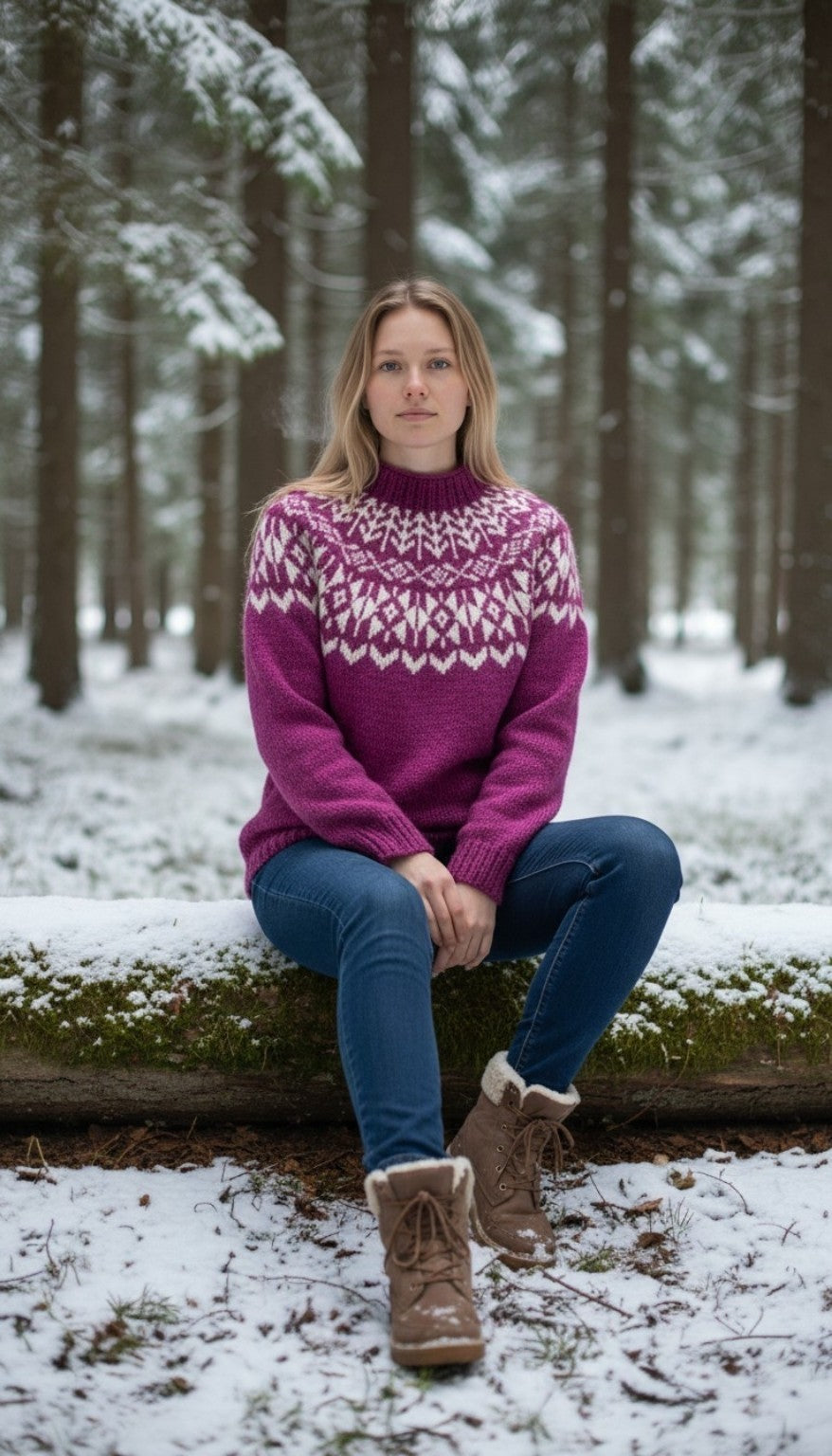 „Hellargjá Islandpullover aus Léttlopi in Beere und Naturweiß an einer Frau im verschneiten Winterwald“