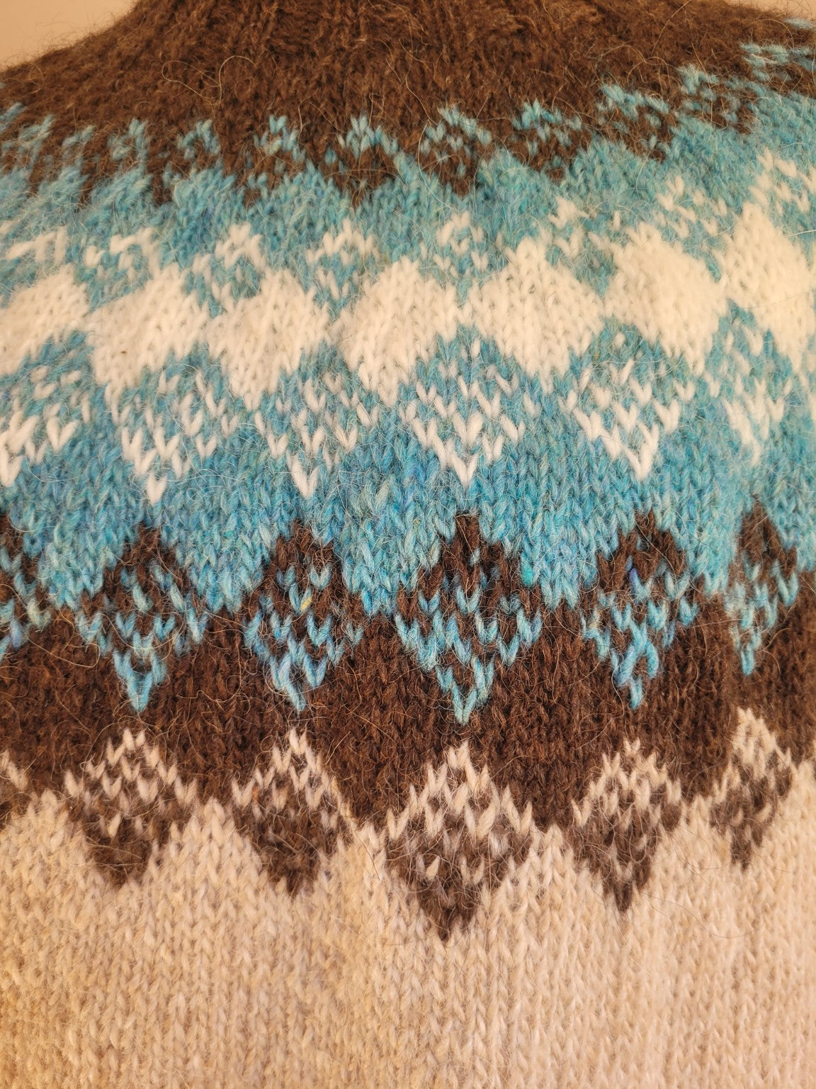 Nahaufnahme des Rundpassenmusters des handgestrickten Islandpullovers Hiutaleneule in der Farbwelt Nordic Sea mit Türkis, Braun und Naturweiß aus isländischer Wolle.