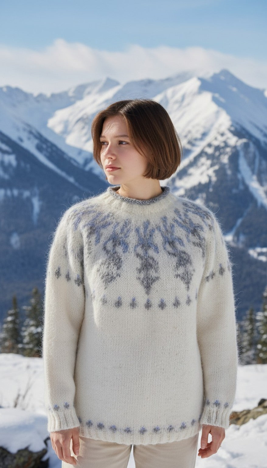 Handgestrickter Islandpullover Ískaldur in der Farbwelt Winter Light aus heller Léttlopi-Wolle mit filigranem Eisblumenmuster in Hellgrau, Silbergrau und Milky Way vor verschneiter nordischer Berglandschaft.