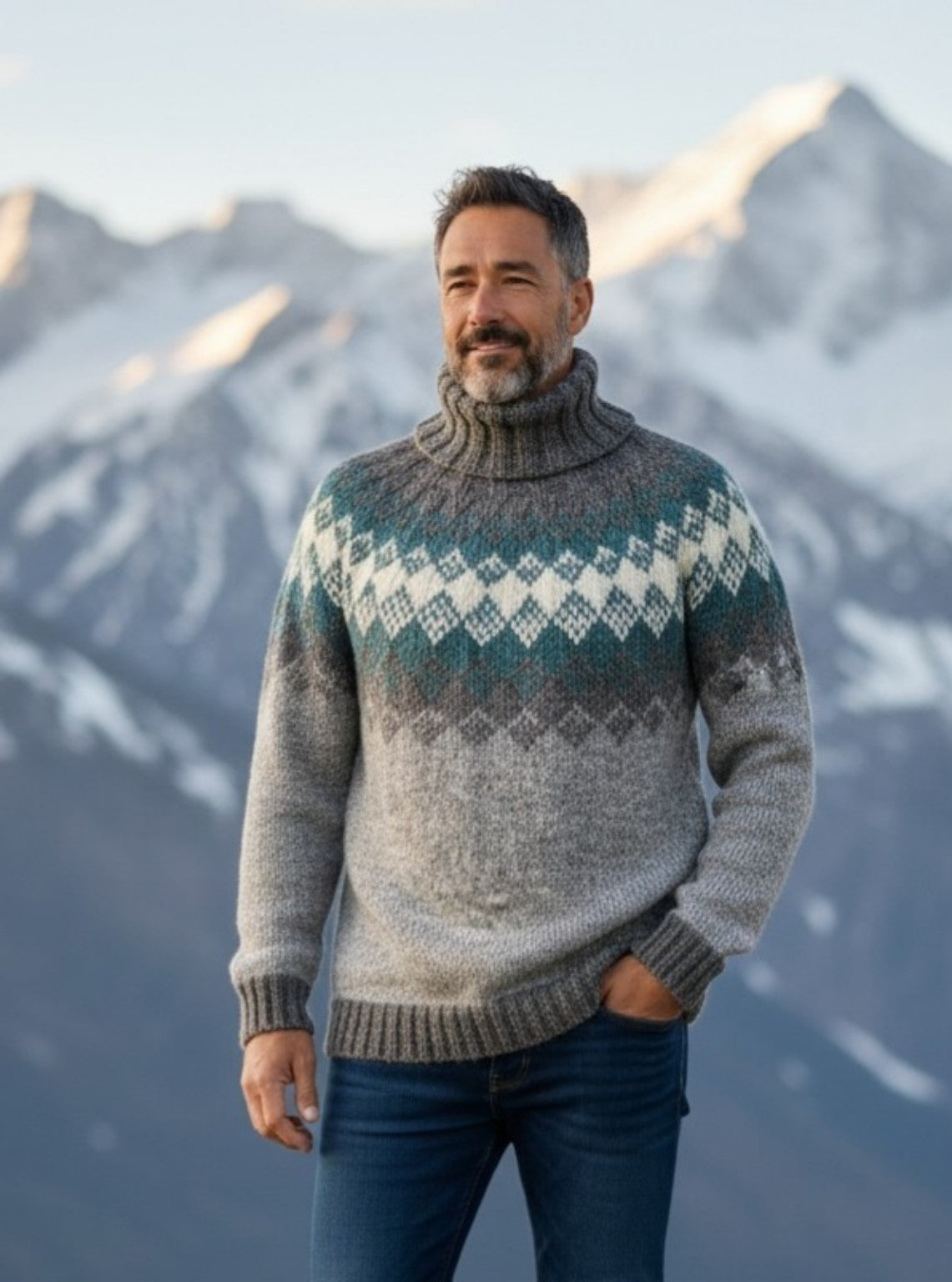 Nordischer Wollpullover mit Rollkragen und Fair-Isle-Muster aus Islandwolle vor verschneiten Bergen getragen.