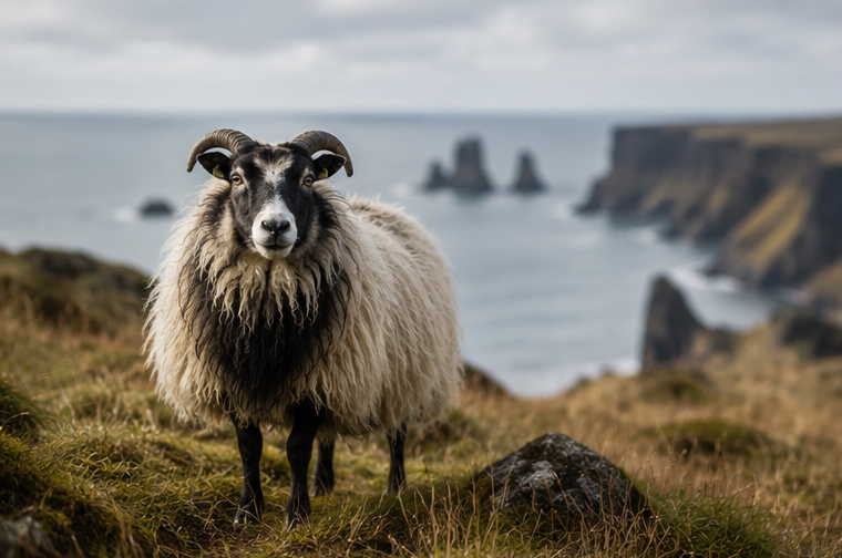 Isländisches Schaf in der Landschaft Islands – die Wolle der robusten Schafe bildet die Grundlage für traditionelle handgestrickte Islandpullover.