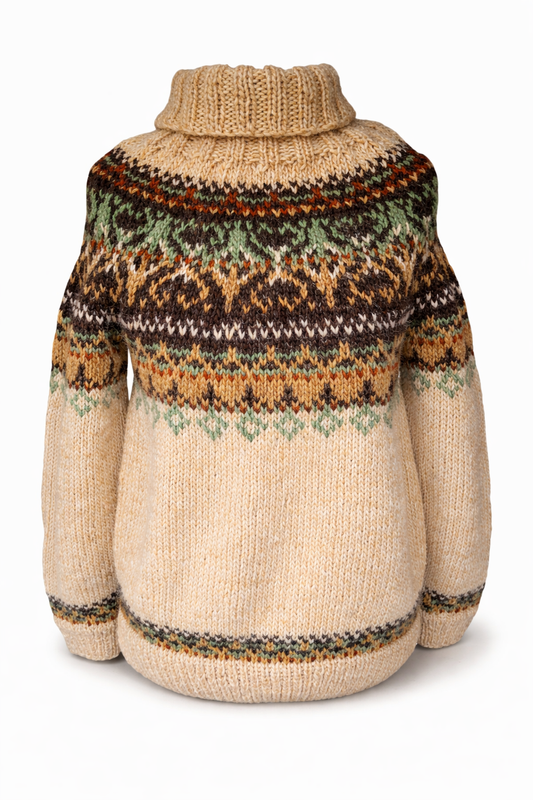 Handgestrickter Islandpullover Alasuq mit Rollkragen und detailreicher Rundpasse. Warmer Wollpullover im nordischen Design mit traditionellem Muster.