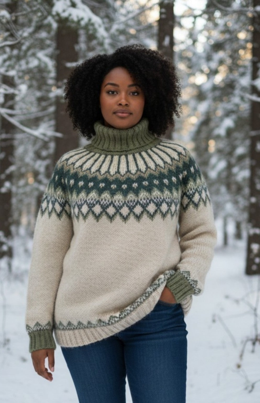 „Alfheidur Nordic Earth Islandpullover aus Léttlopi an einem Curvy-Model in Größe XL im verschneiten Wald“