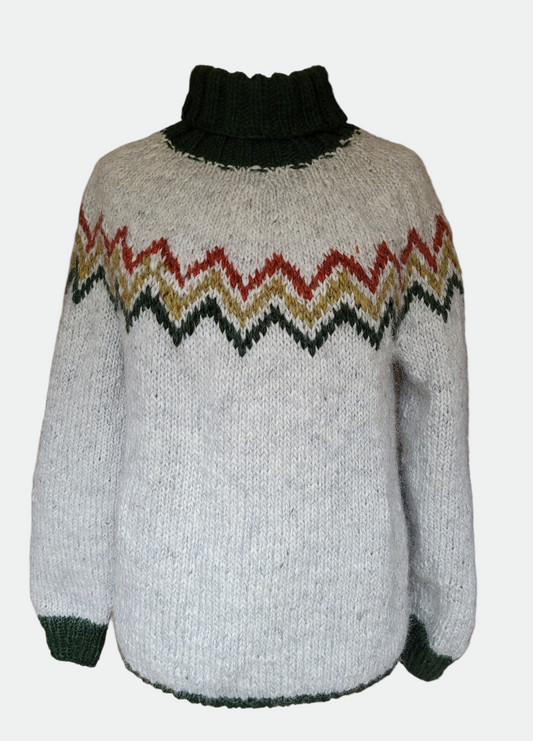 Handgestrickter Islandpullover Tindar aus Alafosslopi in Naturgrau mit Zackenmuster, Unisex Größe M