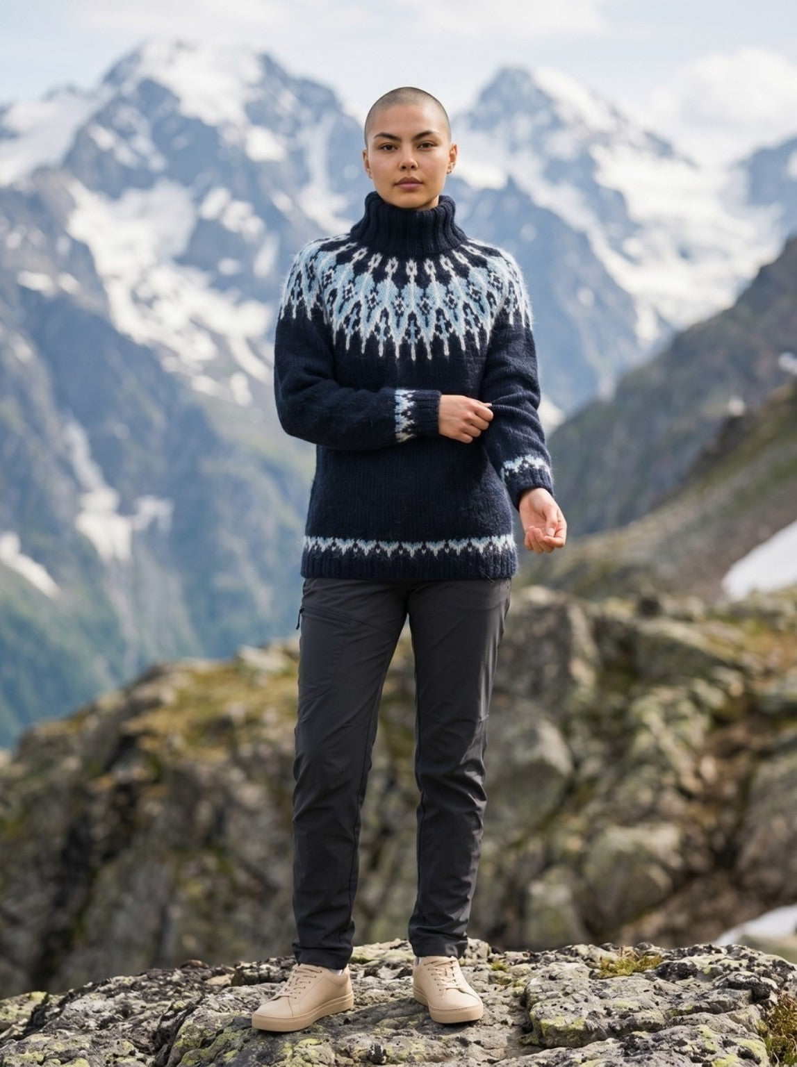 Model trägt einen handgestrickten Islandpullover Tusseladd aus Álafosslopi in Schwarz mit eisblauer und naturweißer Rundpasse vor einer Berglandschaft.