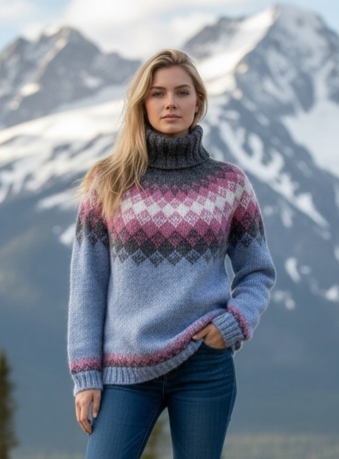 Handgestrickter Islandpullover Hiutaleneule aus Islandwolle in Eisblau mit nordischem Rundpassenmuster in Altrosa, Naturweiß und Anthrazit vor alpiner Berglandschaft.