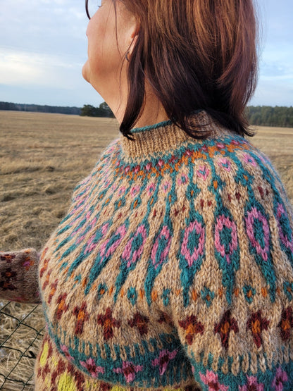 Detailaufnahme der kunstvoll gestrickten Rundpasse. Feine Farbwechsel, saubere Maschenstruktur und traditionelle Musterarbeit verleihen Katmandu seine charakterstarke Ausstrahlung.