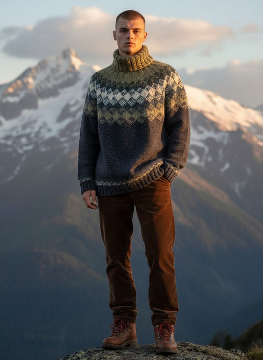 Mann trägt handgestrickten Islandpullover Hiutaleneule aus Léttlopi in nordischer Outdoor-Landschaft auf Felsen am Meer