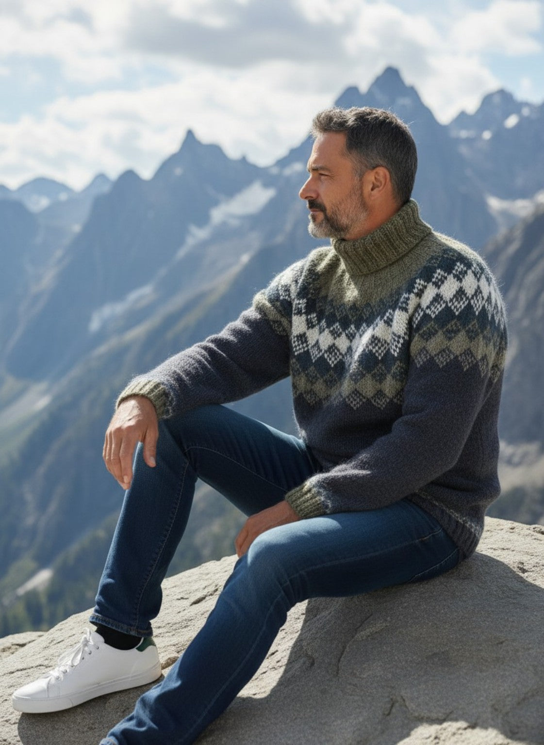 Rückenansicht eines handgestrickten Islandpullovers Hiutaleneule aus Léttlopi in Schafschwarz mit nordischem Muster in Dunkelgrün, Weiß und Flechte