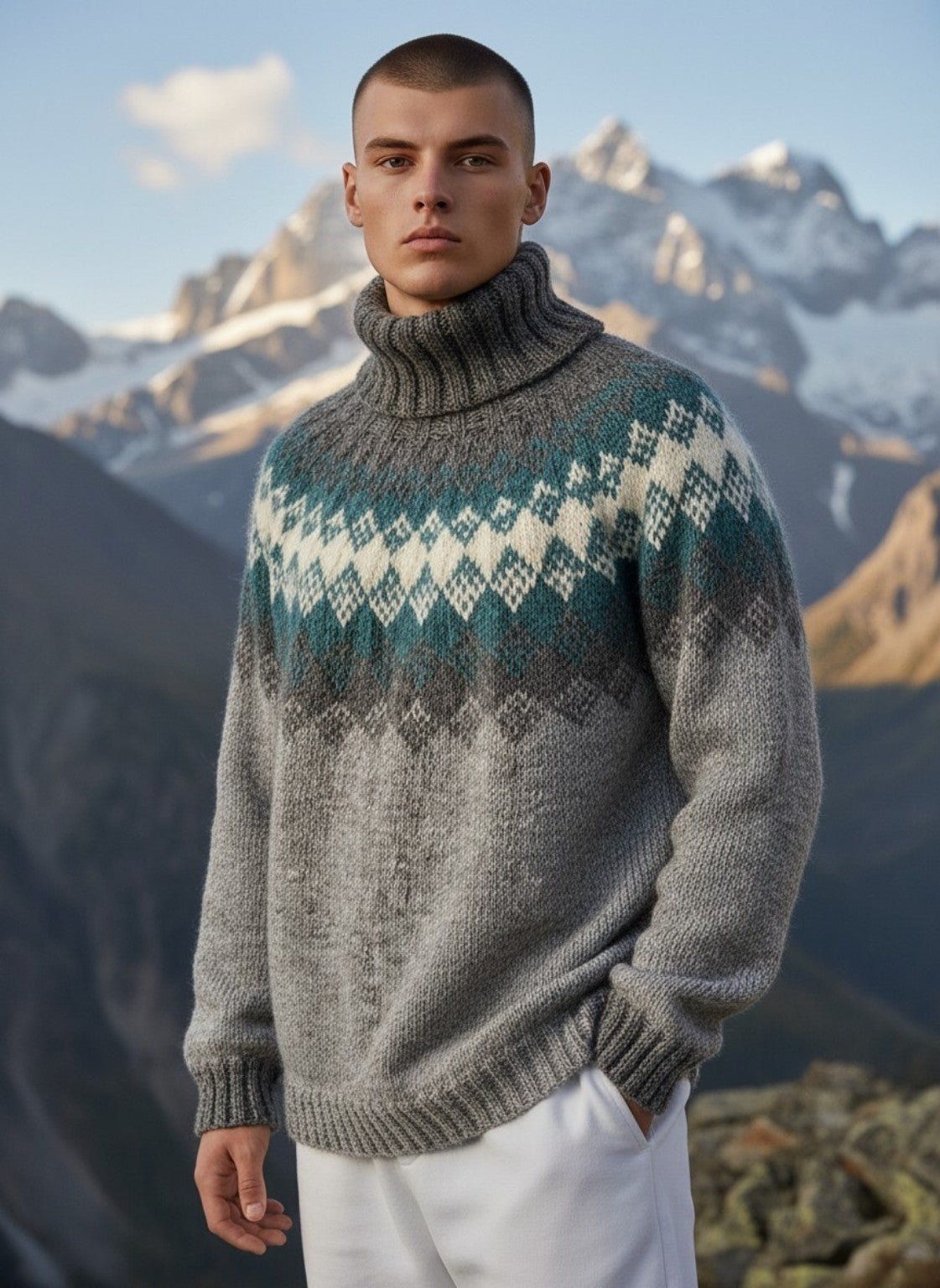 Moderner skandinavischer Islandpullover in Grau, Petrol und Naturweiß mit hohem Rollkragen in alpiner Landschaft.